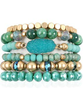 Bohemian Multi-Layer Druzy Bead Bracelet Set - Sparkly Faux Stone Cuff Bangles